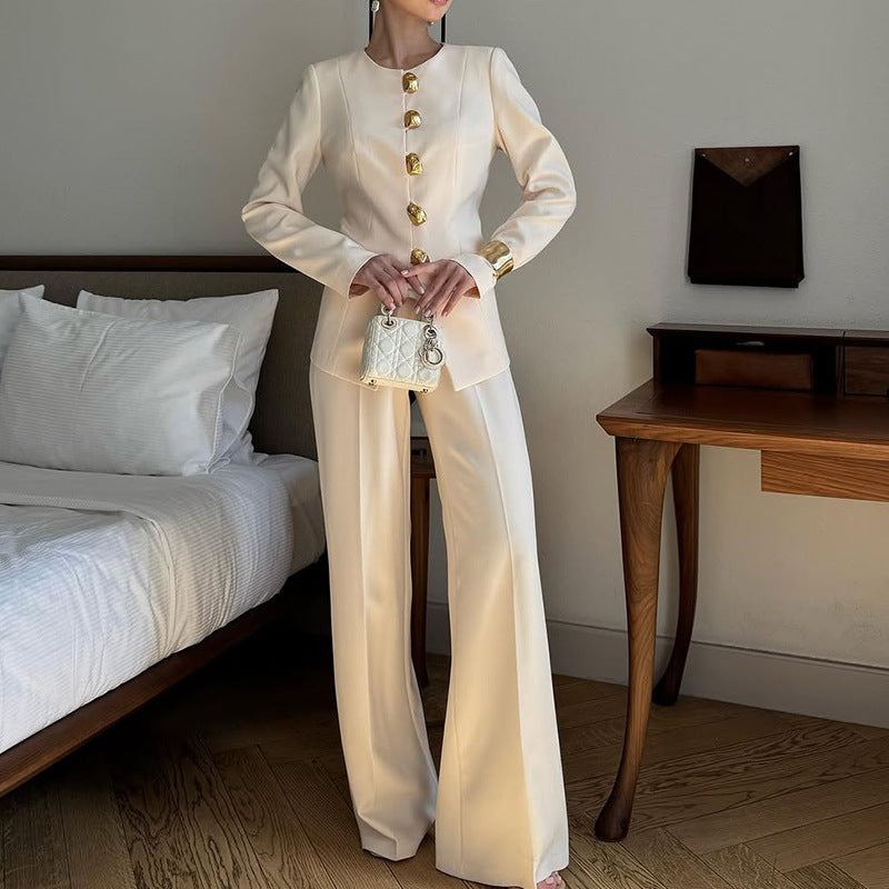 Women's White Top Straight Loose Trousers Suit