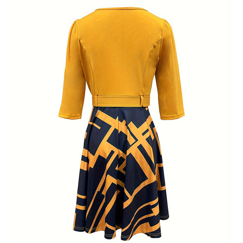 Women's Geometric Print A-Line Midi Dress Semi-Zip Neck Long Sleeve Dress With Belt Spring Summer Fashion Dress