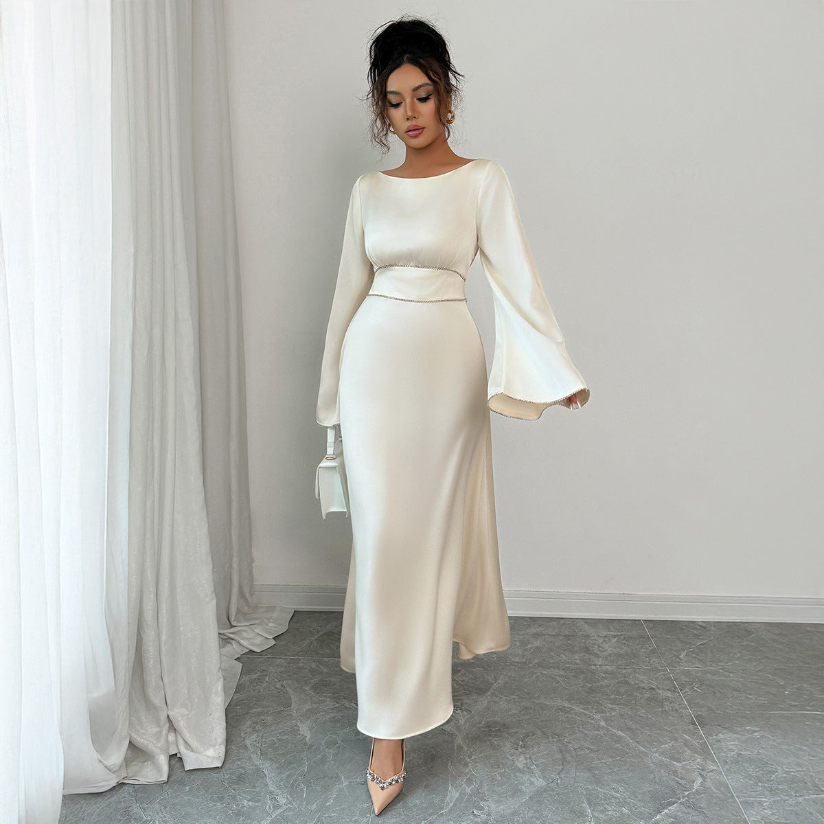 Elegant Graceful Style Waist Solid Color Long Sleeve Dress
