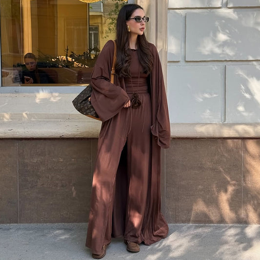 Casual Long Coat, Long-sleeve T-shirt, And High-waisted Long Pants Three-piece Set