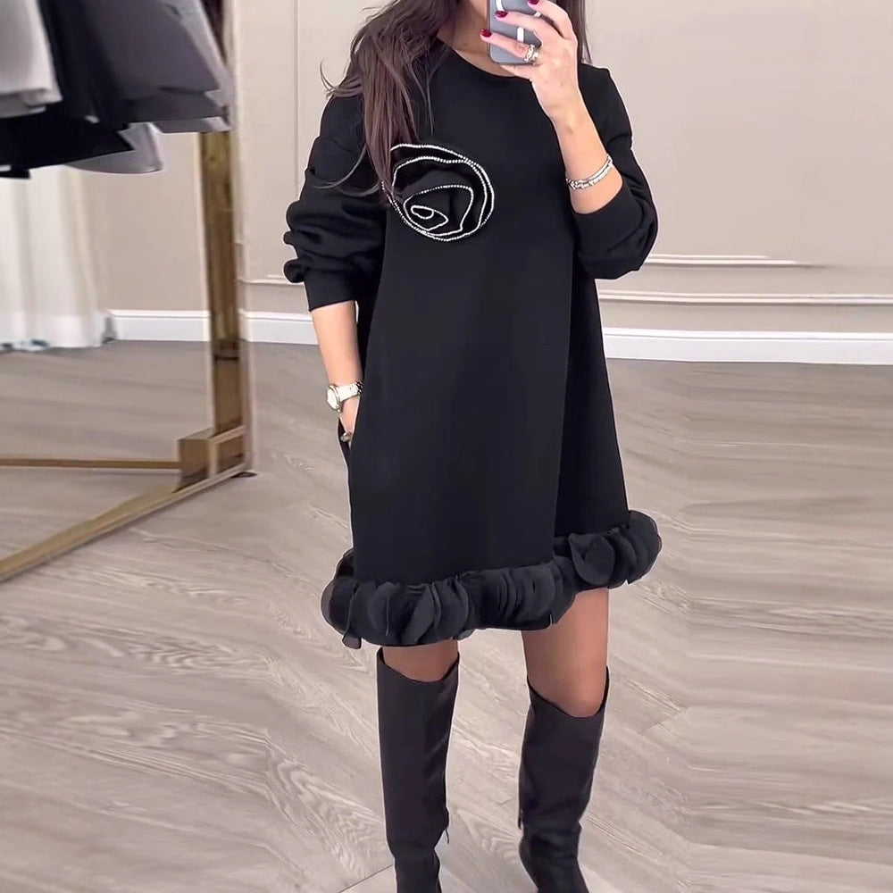 Floral Beaded Peplum Spliced Loose Sweater Dress