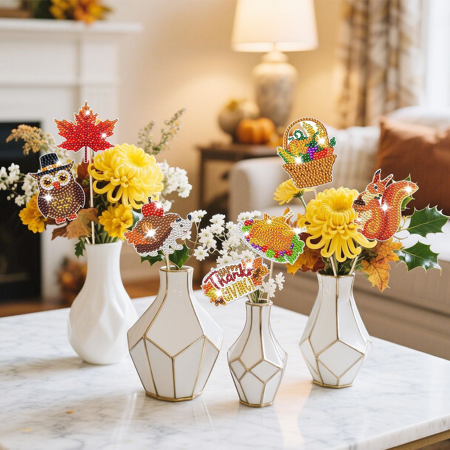 12 Packs Rhinestones Painting Art Kit Fall Pumpkin Turkey Maple Corn Design Decorative Stakes For Vase DIY 5D Rhinestones Art Craft Ornaments With Glue And Suction Cup For Thanksgiving Harvest Decor