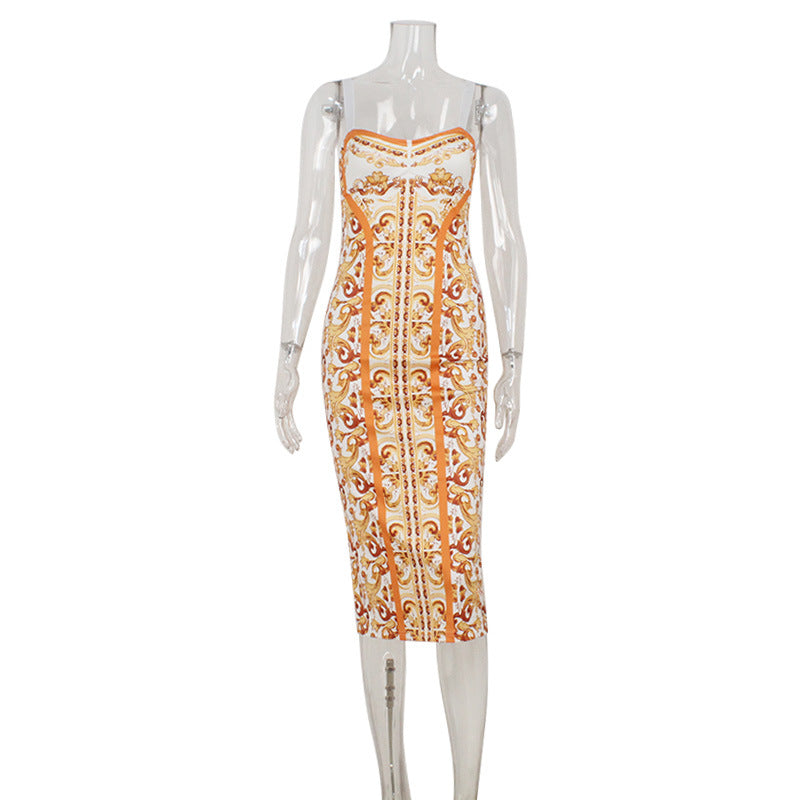 Women's Elegant Retro Printed Sleeveless Slip Dress With Waist-Cinching Design For A Slimming Look