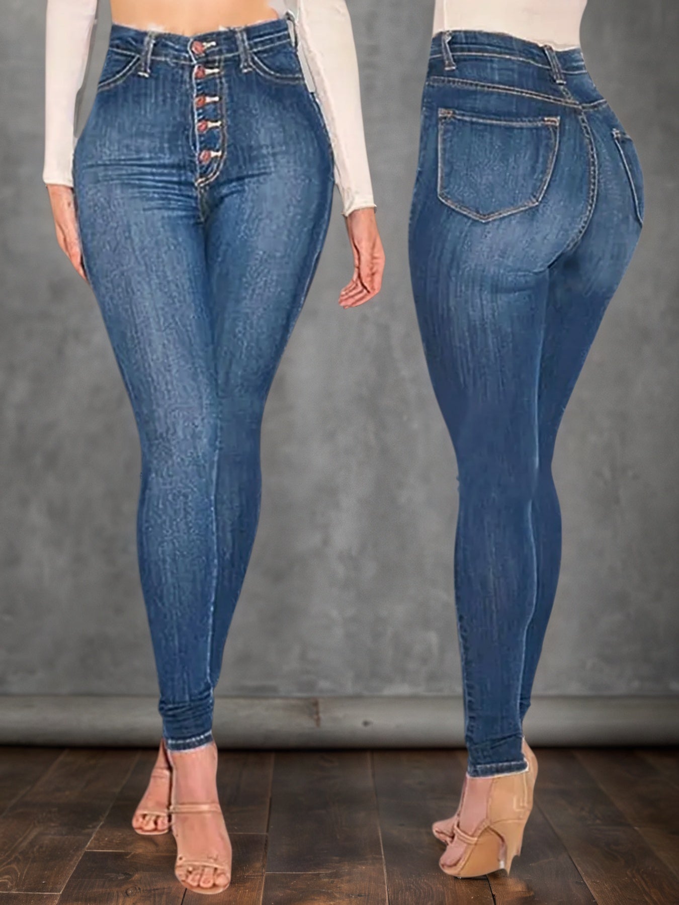 Women's Mid Blue High Waisted Buckle Tight Jeans Are Comfortable To Wear. High Waist Design, Buckle Design Adds A Sense Of Fashion,