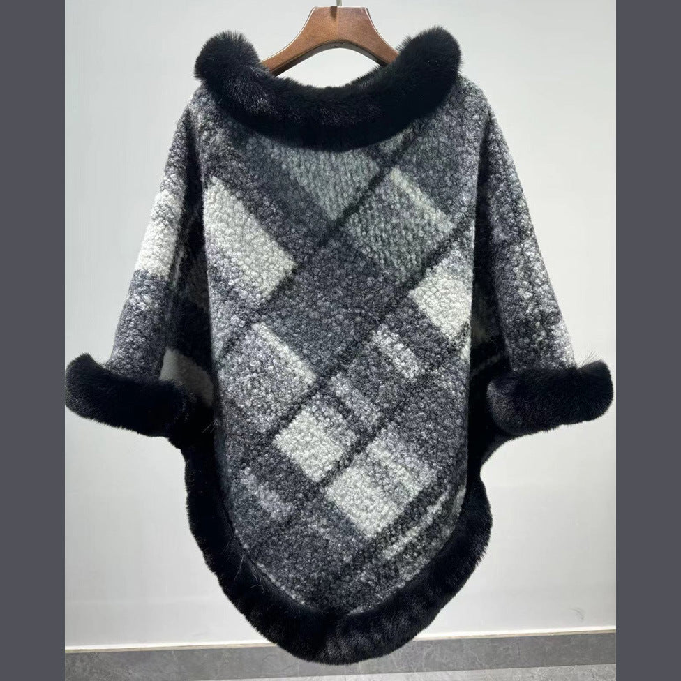 Big Fur Collar Cloak Mid-length Batwing Sleeve Pullover Classic Plaid Shawl
