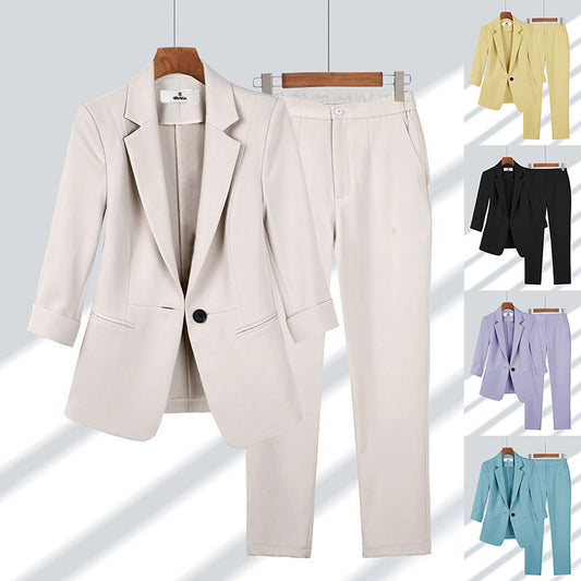 2pcs Casual Blazer Set Solid Color Lapel Single-breasted Jacket And Zipper Straight Pants Women's Office Business Suit