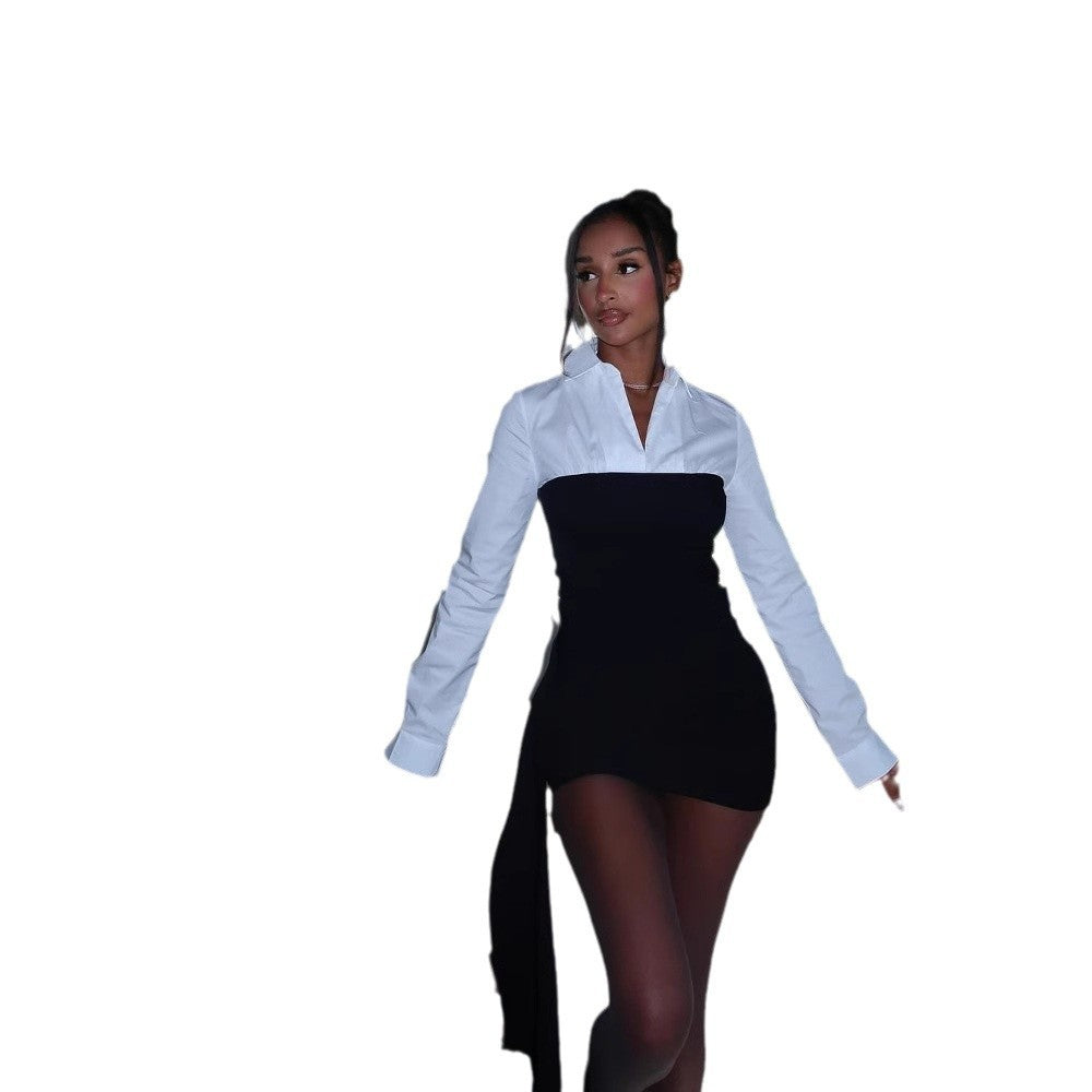 Women's Color Contrast Patchwork Lapel Dress