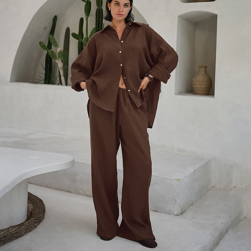 Loose Cotton And Linen Breathable Long Sleeves Trousers Two-piece Set