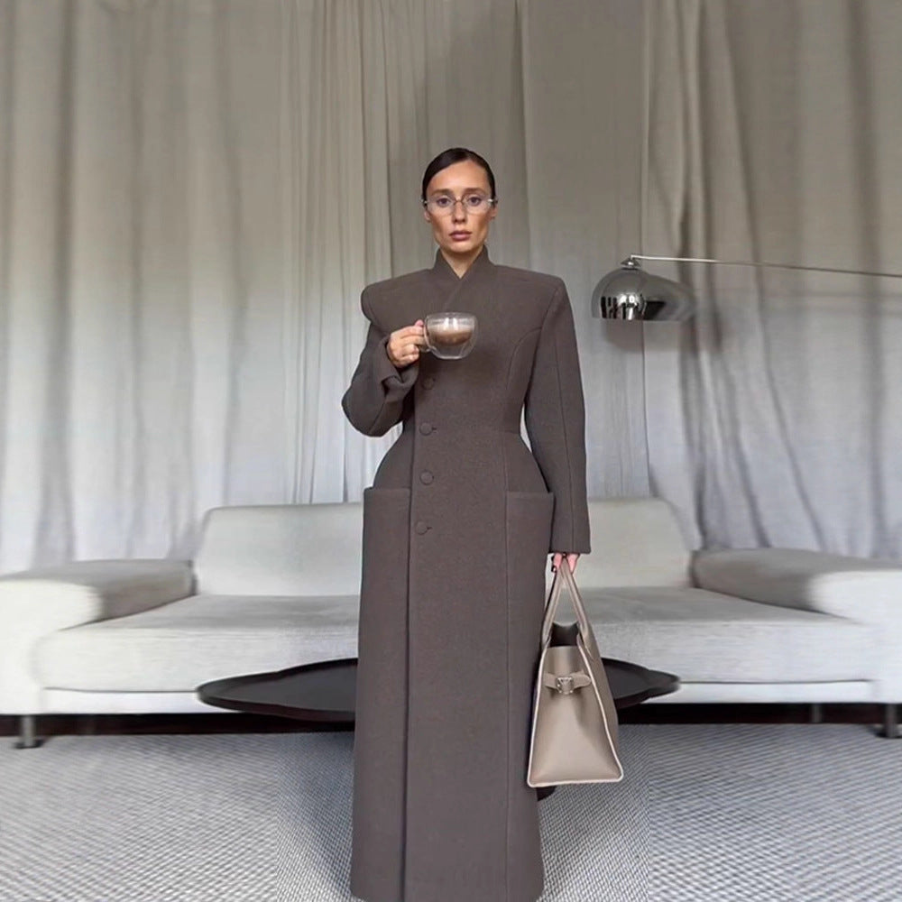 Temperament Shoulder-padded Waist-cinching Long Wool Coat For Women