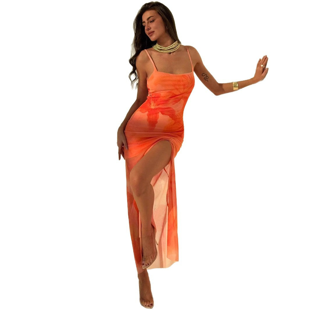 Feminine Pleated Print Chiffon Slim Fit Bandage Halter Dress