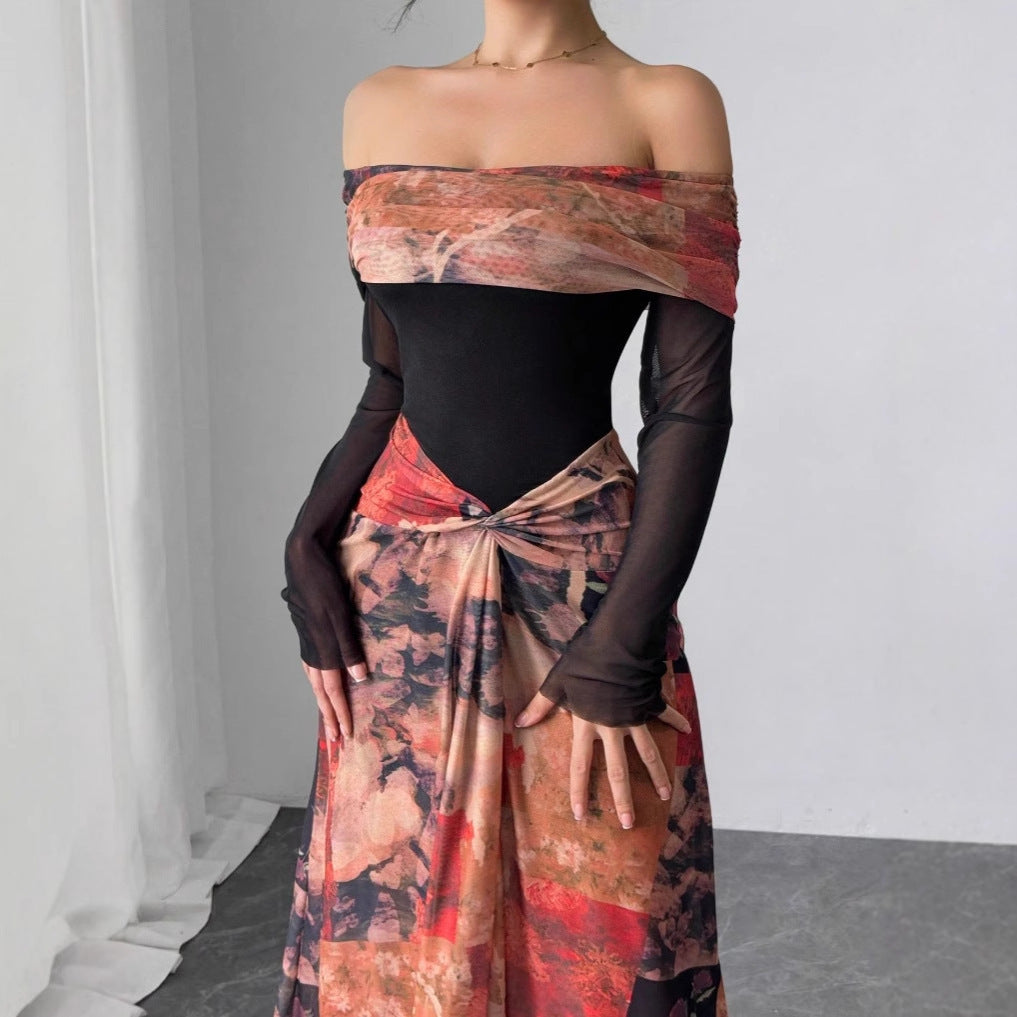 French One-shoulder Swing Collar Printed Mesh Dress