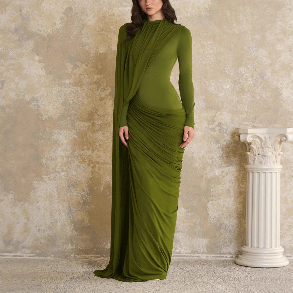 Womens Pleated Ribbon Crew-Neck Long-Sleeve Dress