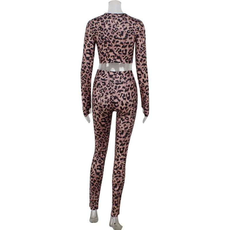 Women's Fashion Leopard Suit Tight Long Sleeves Cropped Top And Trousers Two-piece Suit