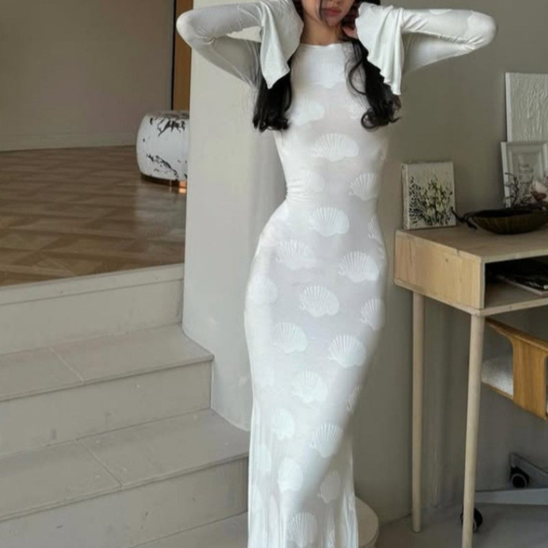 Crew-neck Flared-sleeve Tie-detail Pure Yet Seductive Long-sleeve Dress