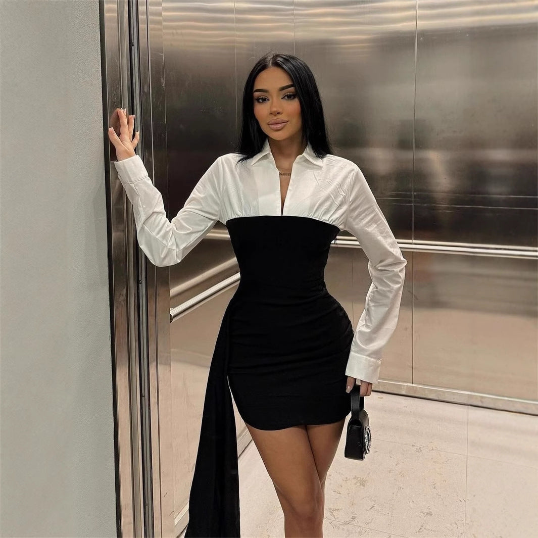 Women's Color Contrast Patchwork Lapel Dress