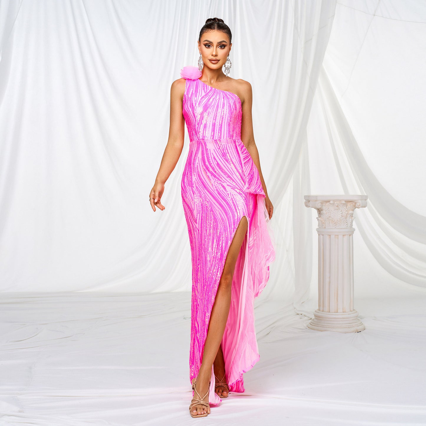One-shoulder Diagonal Collar Sequined Slit Evening Dress