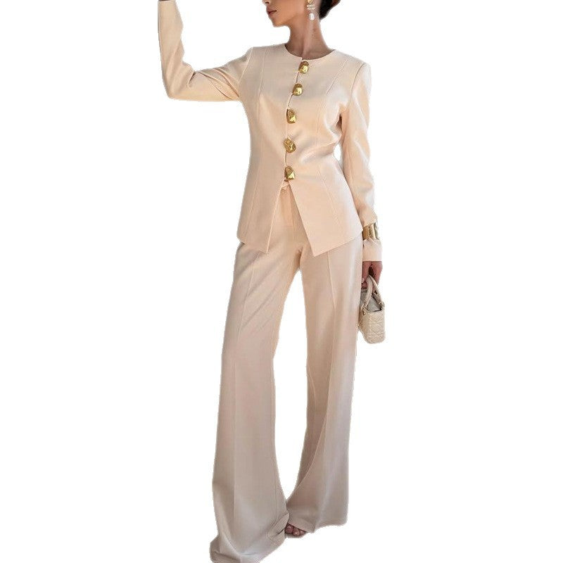 Women's White Top Straight Loose Trousers Suit