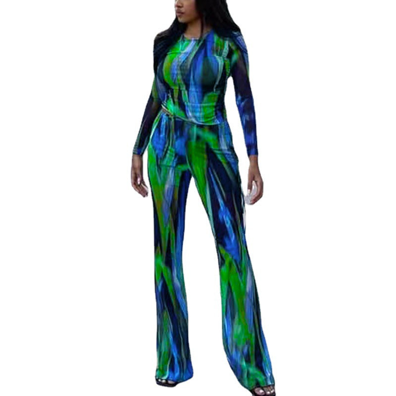 Printed Long Sleeve T-shirt And Wide-leg Pants Two-piece Set