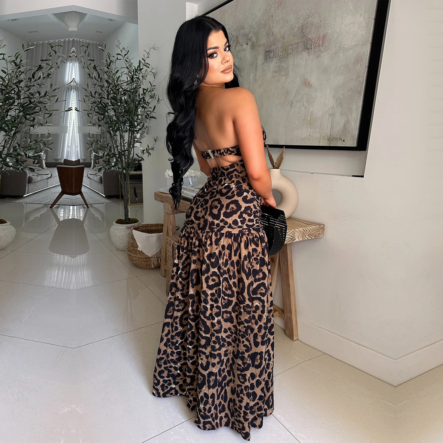 Women's Leopard Print Tube Top Backless Dress