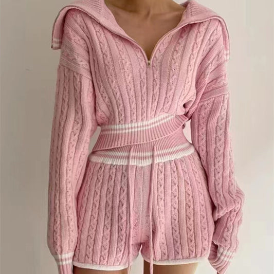 Fashion Cable-knit Sweater Shorts Suit