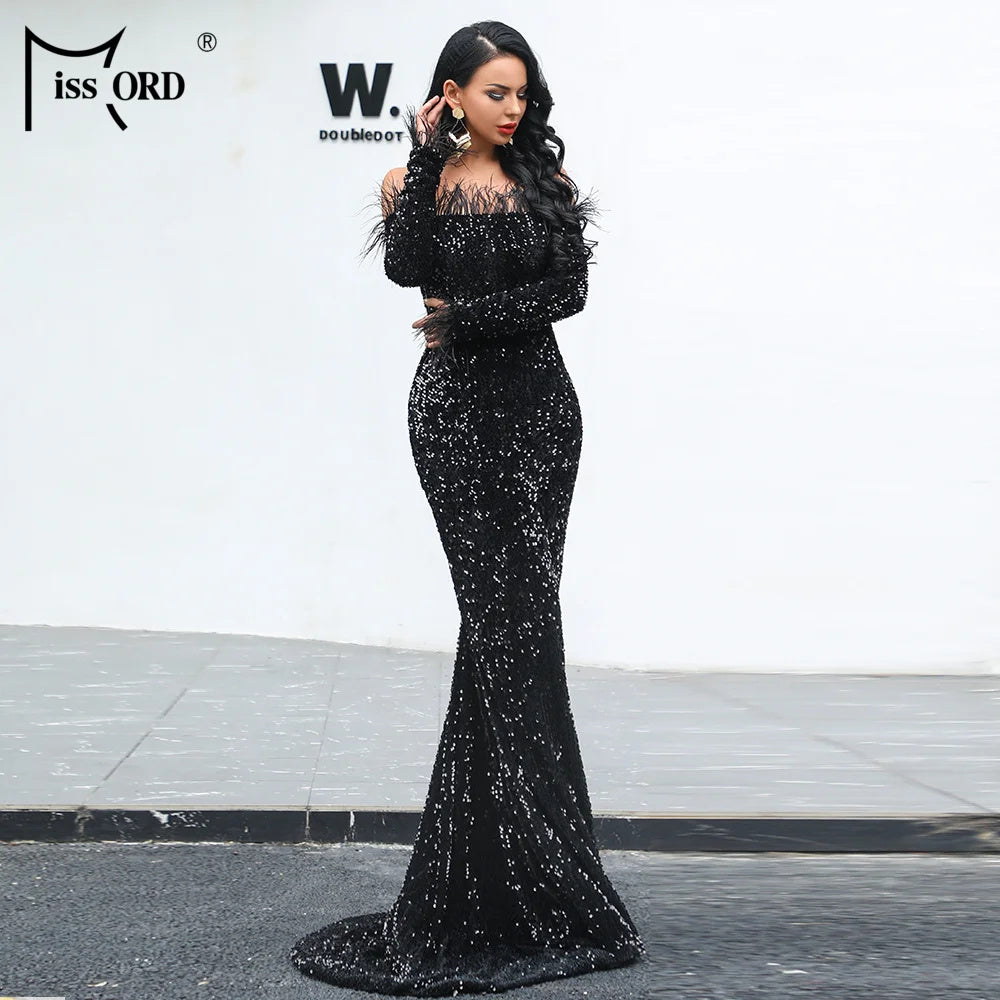Women Sexy Off Shoulder Long Sleeve Feather Elegant Sequin Maxi Dresss
