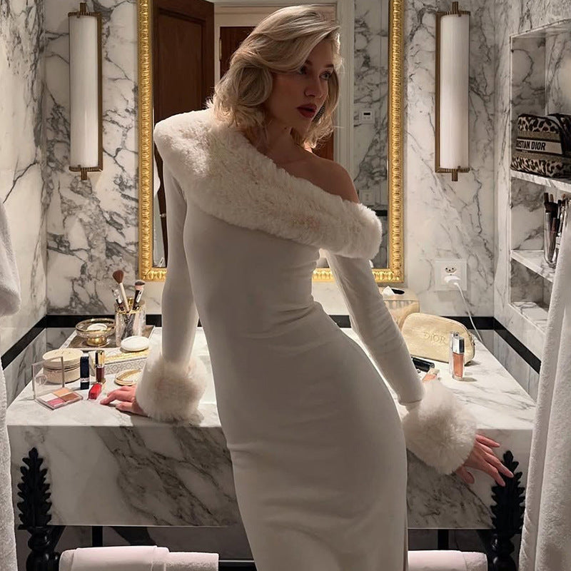 Solid Color Long Sleeve Oblique Collar Slim Christmas Dress