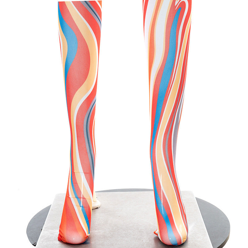 Printed Lace Up Body Stocking Casual Suit Tie-dye Waist Tether Short Sleeve Mesh Pantyhose