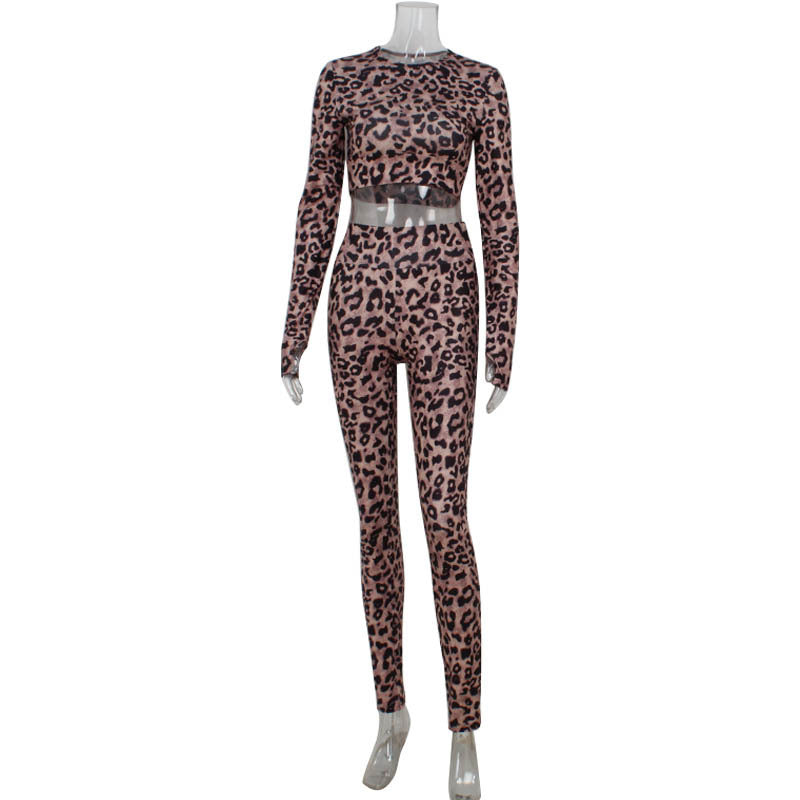 Women's Fashion Leopard Suit Tight Long Sleeves Cropped Top And Trousers Two-piece Suit