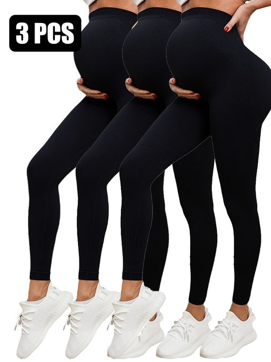 3 Pack Maternity High-Waisted Seamless Yoga Pants For Women - Tummy Support Fitness Leggings