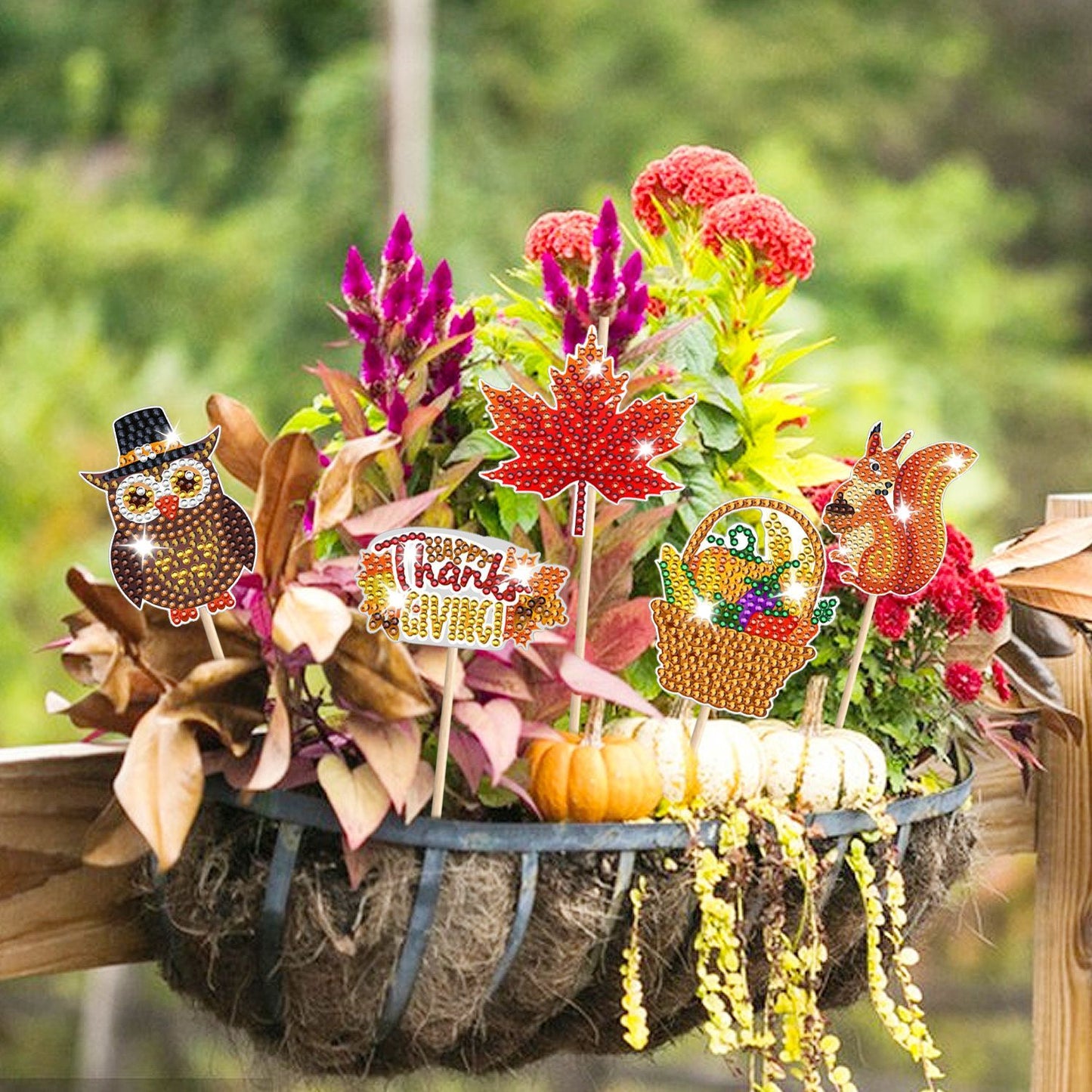 12 Packs Rhinestones Painting Art Kit Fall Pumpkin Turkey Maple Corn Design Decorative Stakes For Vase DIY 5D Rhinestones Art Craft Ornaments With Glue And Suction Cup For Thanksgiving Harvest Decor