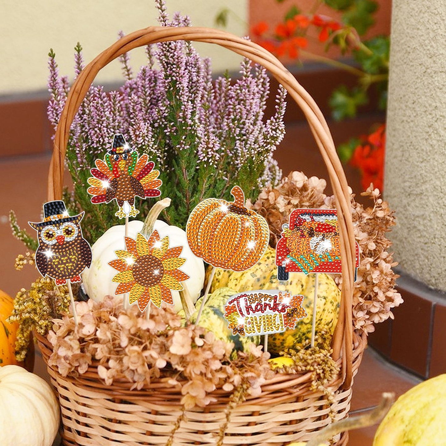 12 Packs Rhinestones Painting Art Kit Fall Pumpkin Turkey Maple Corn Design Decorative Stakes For Vase DIY 5D Rhinestones Art Craft Ornaments With Glue And Suction Cup For Thanksgiving Harvest Decor