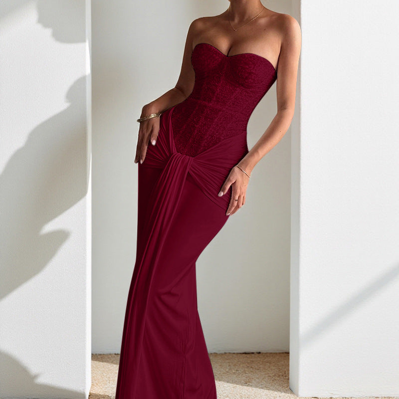 Evening Dress Long Skirt Waist-cinching Slim Ribbon Strapless Elegant Dress