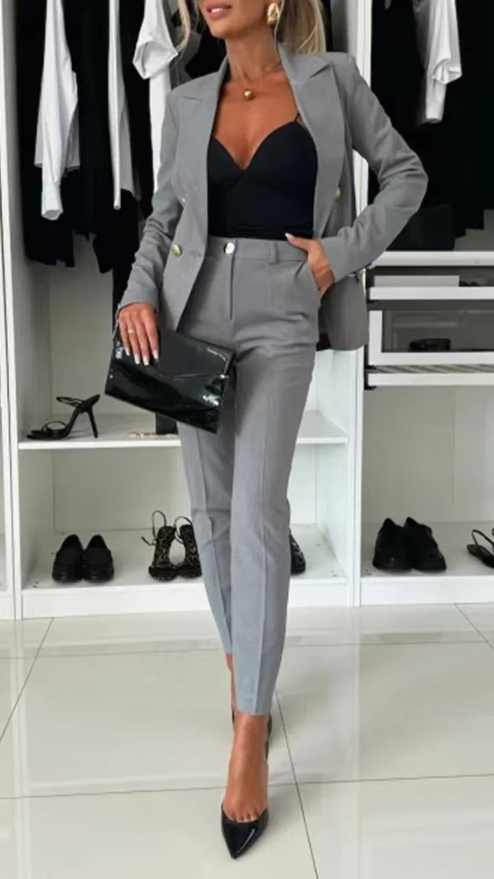 New All-matching Casual Suit Lapel Button-down Jacket And Slim-fit Trousers For Women's Office Business Set Clothing
