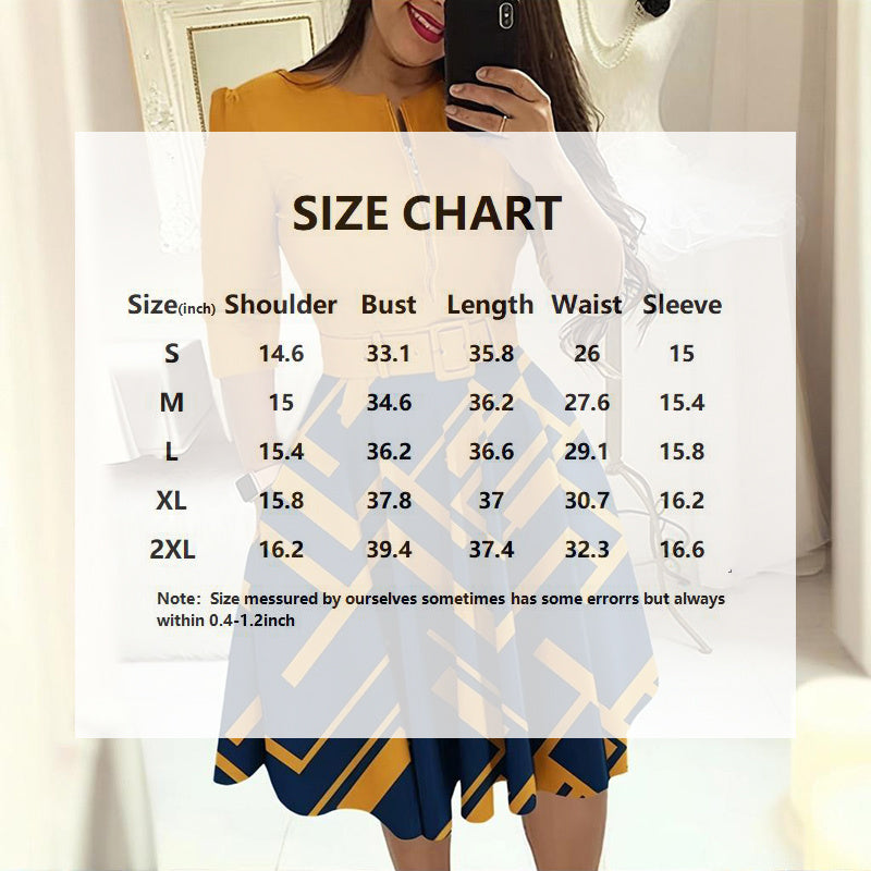 Women's Geometric Print A-Line Midi Dress Semi-Zip Neck Long Sleeve Dress With Belt Spring Summer Fashion Dress