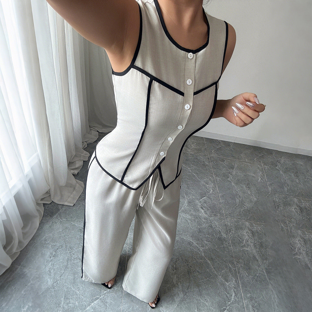 Casual Elegant Button Vest Wide Leg Pants Two-Piece Set Women