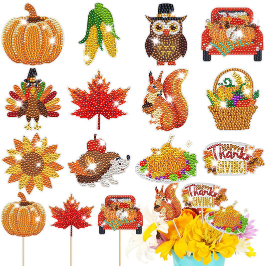 12 Packs Rhinestones Painting Art Kit Fall Pumpkin Turkey Maple Corn Design Decorative Stakes For Vase DIY 5D Rhinestones Art Craft Ornaments With Glue And Suction Cup For Thanksgiving Harvest Decor