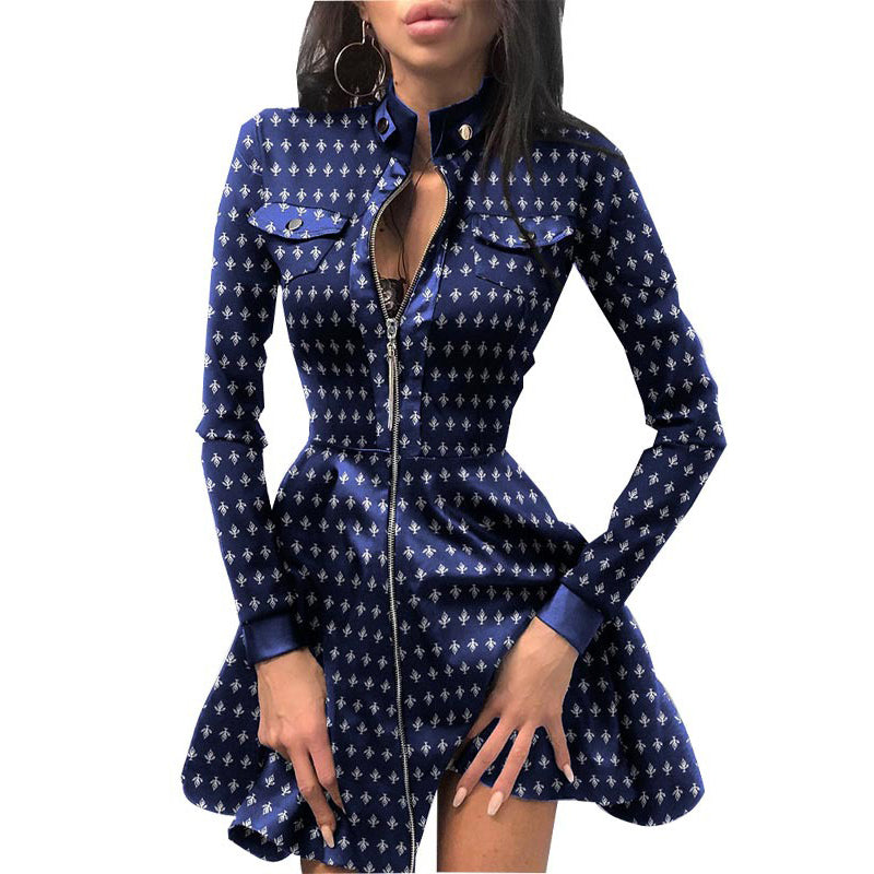 Women's PU Leather Mini Dress - Long Sleeve V-Neck Zipper Party Dress