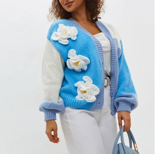 Flower Cardigan Lantern Sleeve Sweater Coat For Women