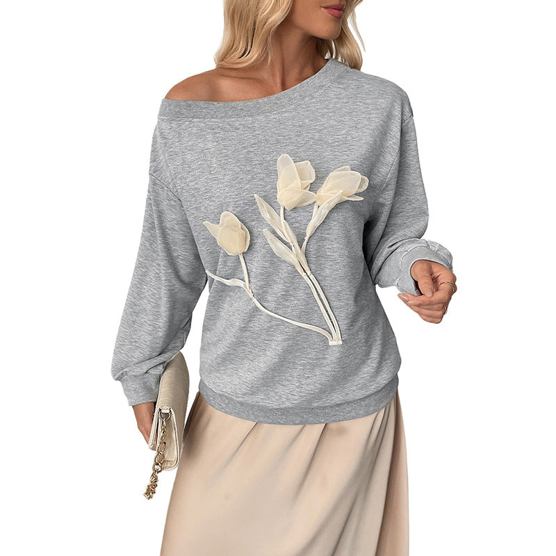 Women's Fashion 3D Flower Long Sleeve Off-Shoulder Top