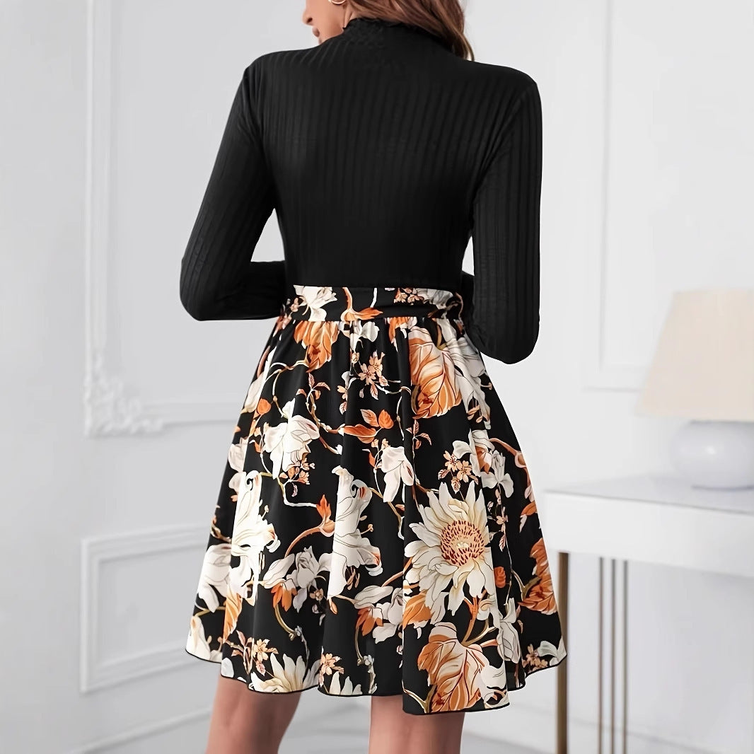 Long Sleeve Round Neck Belt Dress Fashion