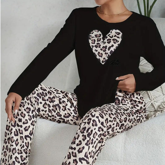 Casual Heart Leopard Print Pajamas Set Loose Long Sleeve Ladies