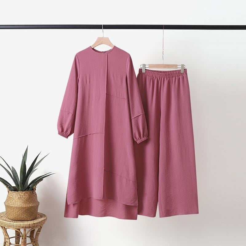 Plus Size Women's Solid Color Shirt Round Neck Elastic Cuff Top With Asymmetrical Hem & Wide-Leg Pants Set