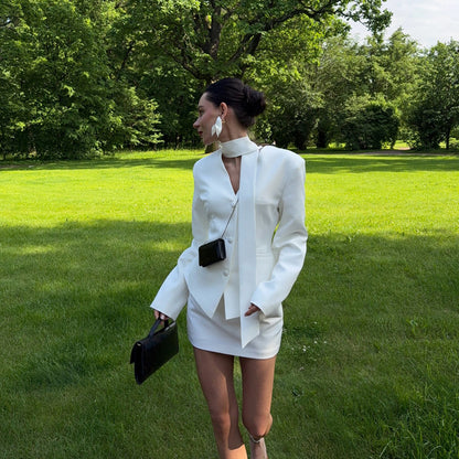 Turtleneck V-neck Long-sleeve Waist-cinching Suit Jacket And Sheath Skirt Two-piece Set