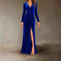 V Neck Pleated Sheath Dress With An Elegant Slit And A Figure Hugging Fit