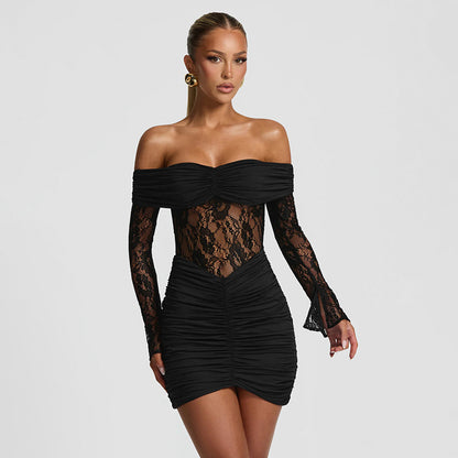 Women's Off-the-Shoulder Lace Patchwork Sheath Mini Dress