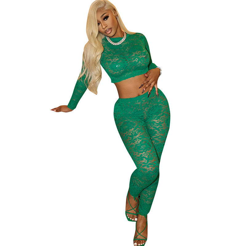 Sexy Lace Long Sleeve Casual Pants Two-piece Set