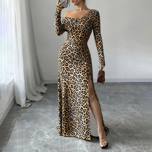New Square Neck Sexy Leopard Print Elegant Slim-fit Dress