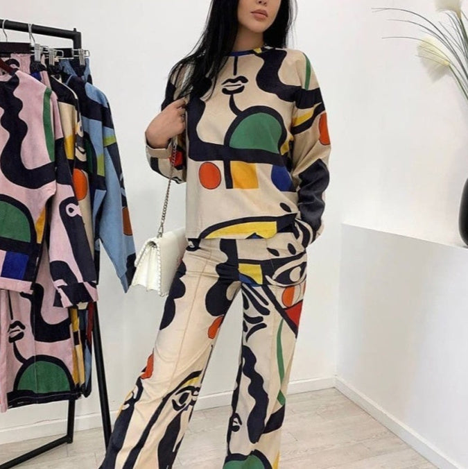 Womens Personalized Printed Graffiti Long-Sleeve Shirt And Straight-Leg Pants Set