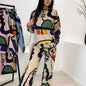 Womens Personalized Printed Graffiti Long-Sleeve Shirt And Straight-Leg Pants Set