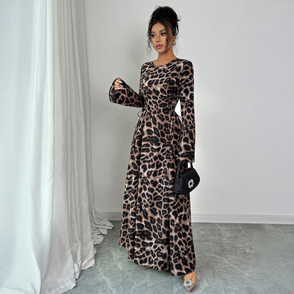 French Leopard Print Long Sleeve Dress Women